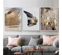 Affiches Murales,3 Images Set-Peinture Toile Abstraite Avec Plumes Dorées Style Affiches Impressions Murales Image Décoration de Salon de Bureau Ou de Chambre-50*60cm/20*24 pouce(sans cadre)
