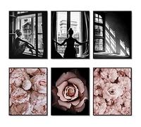 Affiches Murales de Mode - Lot de 6 Art Noir et Blanc Fleur de Roses à la Mode Florales - Toile pour Décor de Chambre de Filles 11"x14" (27.9x35.6cm) Sans Cadre