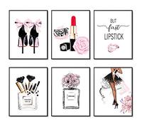 Affiches murales de mode Lot de 6 Déco Chambre Rose Photos Décoration Murale Affiches d'art de toile Décoration murale de maquillage de rouge à lèvres de parfum 8"x10" (20.3x25.4cm) SANS CADRE