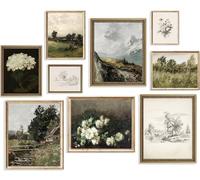 Affiches murales et esthétiques représentant des peintures de prairies et de paysages européens, anciens et floraux dans des tons vert foncé, style vintage, campagnard français, pour chambre, salon