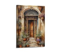 Affiches murales modernes sur toile - Affiche de scène rétro chaleureuse - Porte en bois entourée de fleurs - Belle et curative - Peinture décorative pour rendre la maison pleine de vitalité - Cadre