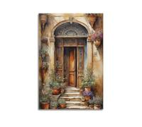 Affiches murales modernes sur toile de style familial - Poster rétro avec porte en bois entourée de fleurs - Belle et curative - Peinture décorative pour une maison pleine de vitalité - 60 x 90 cm