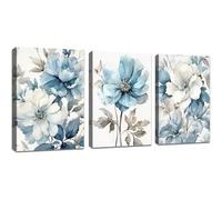 Affiches murales/Tableau décoratif abstrait floral bleu de style moderne, peint à la main, représentant des fleurs et de la verdure, pour la maison, la chambre ou le bureau (60 x 80 cm x 3/Sans cadre)