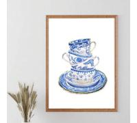Affiches vintage, tasse à thé bleu et blanc, aquarelle, affiches de cuisine, illustration vintage de tasse à thé, 60 x 90 cm, avec cadre