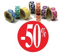 Affichesstore 30244 - Rouleau de 500 Étiquettes Autocollantes - Ø 25mm - Adhésives - Brillantes - Stickers -50% Rouge pour Remise/Promotion/Soldes