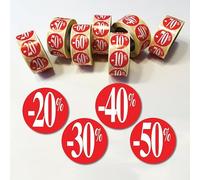 Affichesstore 30290-4 Rouleaux de 500 Étiquettes Autocollantes Rouges - Ø 25mm - Adhésives - Brillantes - Stickers -20% / -30% / -40% / -50% pour Remise/Promotion/Soldes