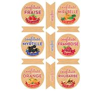 Affichesstore 30310 - Lot de 65 Stickers - 5 Feuilles de 13 Etiquettes Adhésives - Autocollants Bandes et Ronds 50mm - Confitures Diverses sur Fond Kraft