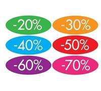 Affichesstore 30329 - Lot de 120 Stickers - 20 Feuilles de 6 Étiquettes Adhésives L60 H25 mm - Autocollants Ovales - Soldes/Remises -20% -30% -40% -50% -60% -70%
