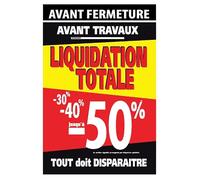Affichesstore 30640 - Affiche Adhésive Liquidation Totale -50% L50 H68 cm + Bande Avant Fermeture/Travaux - Panneau PVC Vinyle Adhésif Mat - Pose Extérieure - Sticker Autocollant Non Repositionnable