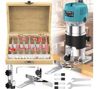 Affleureuse Défonceuse Trimmer Router Fraiseuse Électrique Outil à Bois 800W 30000RPM, 6 Vitesses Variables, Pince 6.35mm + 15 Fraises à Défoncer Queue de 1/4", pour Travail du Bois (A(6.35mm))