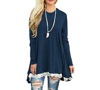Afibi Femmes Dentelle Manches Longues A-Ligne Swing T-Shirt Loose Tunique Top Blouse (XX-Large, Bleu Marine)