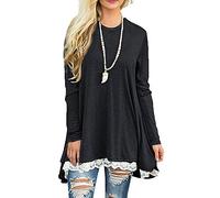 Afibi Femmes Dentelle Manches Longues A-Ligne Swing T-Shirt Loose Tunique Top Blouse (XX-Large, Noir)