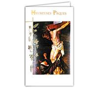 AFIE 12-690 Carte Heureuses PÂQUES en Or Doré Brillant avec Enveloppe Blanche - Jésus Christ crucifié mort sur la croix épi Blé Pain Raisin Vin Vigne Fête Catholique Printemps