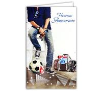 Afie 15-6524 Carte Porte-Billet avec Enveloppe Heureux Anniversaire pour Homme Sportif à la Mode Ballon de Football Sac de Sport Lunette de Soleil Smartphone Montre Baskets Jeans - Fabriqué en Europe