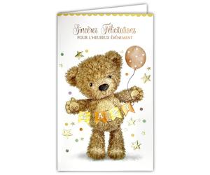 AFIE 16-665 Carte naissance - ourson ballon- baby - Avec Enveloppe Blanche format 12x19,5cm - Espace blanc réservé à l'écriture