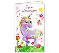 Afie 17-6037 Carte avec Enveloppe Joyeux Anniversaire pour Enfant Petite Fille Licorne Poney Cheval Violet Papillon Oiseau Fleurs Roses Coccinelle Illustration Magique Féérique - Fabriqué en Europe
