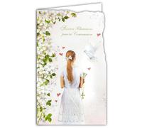 AFIE 19-648 Carte Porte-Billet avec Enveloppe Sincères Félicitations Communion Fille Robe Blanche Croix Chrétienne Catholique Chapelet Notre Père Je vous salue Marie Bible ouverte Colombe Fleurs