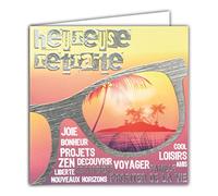 AFIE 22011 Carte Carrée Argentée Heureuse Retraite Lunettes Palmiers île Coucher de Soleil Mots Souhaits