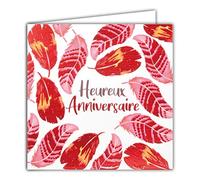 Afie 22022 Carte Carrée Rouge Brillant Heureux Anniversaire Plumes Couleur Rose Orange Jaune