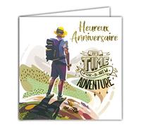 Afie 22033 Carte Carrée Dorée Or Heureux Anniversaire It's time for a new adventure Randonneur Aventurier Explorateur qui aime la nature
