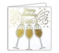 Afie 22038 Carte Carrée Dorée Or Happy Birthday Heureux Anniversaire Coupes Flûtes de Champagne Vin Pétillant Bulles Fête NA