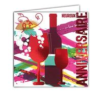 Afie 22057 Carte Carrée Heureux Anniversaire Vin Rouge Bordeaux Brillant Texturé Effet Relief Verres Bouteille Grappe de raisin
