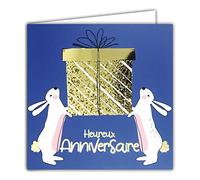 Afie 22060 Carte Carrée Heureux Anniversaire 2 Lapins Gros Cadeau Or Doré Brillant Texturé Effet Relief Animaux Mignons