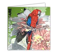 Afie 22107 Carte avec Enveloppe Carrée 15x15cm Heureux ANNIVERSAIRE Argenté Brillant texturé Oiseau Perroquet Ara Rouge Exotique Tropical Bouquet Fleurs Roses Dahlias pour Femme -Fabriqué en France