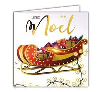 Afie 23006 Carte Carrée Joyeux Noël Traineau en Or Doré Brillant Cadeaux Guirlande Lumineuse Ampoules Fêtes de fin d'année - Avec Enveloppe Blanche