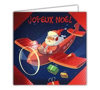 Afie 23013 Carte Carrée Rouge Brillante Père Noël Joyeux Avion Livraison Cadeaux Cheminés Fêtes de fin d'année - Avec Enveloppe Blanche