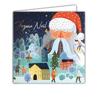 Afie 23015 Carte Carrée Argentée Brillante Père Noël Joyeux Village sous la Neige Sports d'Hiver Snowboard Luge Sapins Courses Fêtes de fin d'année - Avec Enveloppe Blanche