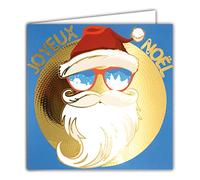 AFIE 23019 Carte Carrée en Or Doré Brillant Père Noël Joyeux Hipster Lunettes Barbe Moustache Bonnet Chapeau Fêtes de fin d'année - Avec Enveloppe Blanche