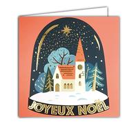 Afie 23020 Carte Carrée Joyeux Noël en Or Doré Brillant église étoiles Sapins Boule à Neige Fêtes de fin d'année - Avec Enveloppe Blanche
