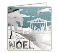 23022 Carte Carrée Joyeux Noël Crèche Argentée Brillante Etoile Palmier Ane Fêtes de fin d'année - Avec Enveloppe Blanche