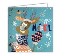 AFIE 23026 Carte Carrée Argentée Brillante Joyeux Noël Renne Drôle Coucou Moufles écharpe Flocons Fêtes de fin d'année - Avec Enveloppe Blanche
