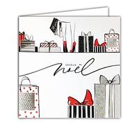Afie 23032 Carte Carrée Joyeux Noël Cadeaux Argentés Brillant Shopping Sac Paquets Courses Talons Noeuds Rouges Fêtes de fin d'année - Avec Enveloppe Blanche