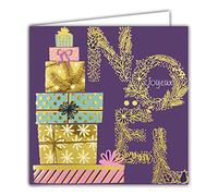 Afie 23033 Carte Carrée Joyeux Noël en Or Doré Brillant Pyramide Paquets Cadeaux Boîtes Sacs Courone Végétale Sapin Fêtes de fin d'année - Avec Enveloppe Blanche