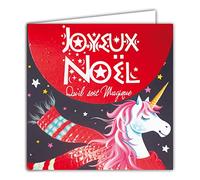 Afie 23035 Carte Carrée Joyeux Noël Brillant Licorne Magique Poney Cheval Blanc Crinière Rose étoiles Fêtes de fin d'année - Avec Enveloppe Blanche