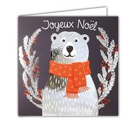 Afie 23036 Carte Carrée Joyeux Noël Ours Polaire Argenté Brillant Courone Sapin Baies écharpe Rouge Fêtes de fin d'année - Avec Enveloppe Blanche