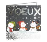 AFIE 23043 Carte Carrée Bonne Année Meilleurs Vœux Argenté Brillant 3 Bonhommes de Neige Flocons Fêtes de fin d'année - Avec Enveloppe Blanche