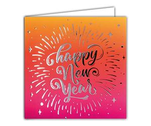 AFIE 23048 Carte Carrée Happy New Year Argenté Brillant étoiles Dégradé Couleurs Coucher Lever de Soleil Fêtes de fin d'année - Avec Enveloppe Blanche