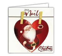 AFIE 23086 Carte Joyeux Noël Carte Carrée Joyeux Père Noël Cœur Rouge Brillant avec Enveloppe Blanche 15x15cm - Toc toc Frapper Entrer Décoration Pinces épingles à Linge en Bois 25 décembre