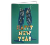 Afie 61-5613 Carte Happy New Year en Or Doré Brillant Scintillant étincelant Flamboyant 2 Flûtes Bulles de Bonheur à Partager Bonnes Fêtes de Fin d'Année - Avec Enveloppe Blanche
