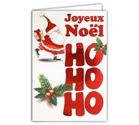 Afie 61-5640 Carte Joyeux Père Noël Patineur Ho Ho Ho Rouge Brillant Scintillant étincelant Flamboyant Cadeau Houx Fêtes de Fin d'Année - Avec Enveloppe Blanche