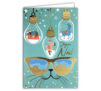 Afie 61-5650 Carte Joyeux Noël en Or Doré Brillant Scintillant Chat Lunettes Flamant Rose Lama Koala Paresseux Cadeau Animaux Ampoules Boules à Neige Fêtes de Fin d'Année - Avec Enveloppe Blanche