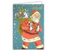 Afie 61-5656 Carte Joyeux Père Noël en Or Doré Brillant Scintillant étincelant Hotte Jouets Peluches Lapin Poney Cheval Licorne éléphant Sucre d'orge Fêtes de Fin d'Année - Avec Enveloppe Blanche