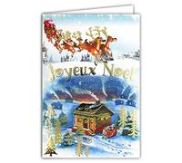 Afie 61-5673 Carte Joyeux Noël avec Enveloppe et Dorure en Or Brillant Scintillant étincelant Traineau Rennes Père Noël Distribution Cadeaux Cheminée qui fume Chalet Maison sous la Neige Sapins