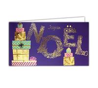 Afie 61-5713 Carte Panoramique Joyeux Noël en Or Doré Brillant Scintillant étincelant Flamboyant Courone Végétale Paquets Cadeaux Fêtes de Fin d'Année Horizontale - Avec Enveloppe Blanche