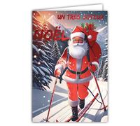 61-5833 Carte Joyeux Noël avec texte Rouge Brillant et enveloppe blanche format 12x17,5cm - Père-Noël qui fait du ski de fond dans la forêt avec sa hotte pleine de cadeaux - Fabriqué en France