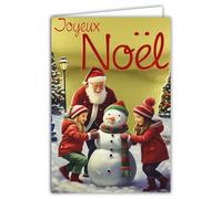 AFIE 61-5835 Carte Joyeux Noël Doré Brillant et enveloppe blanche format 12x17,5cm - Père-Noël qui fait un bonhomme de neige avec des enfants filles avec des bonnets à pompons - Fabriqué en France